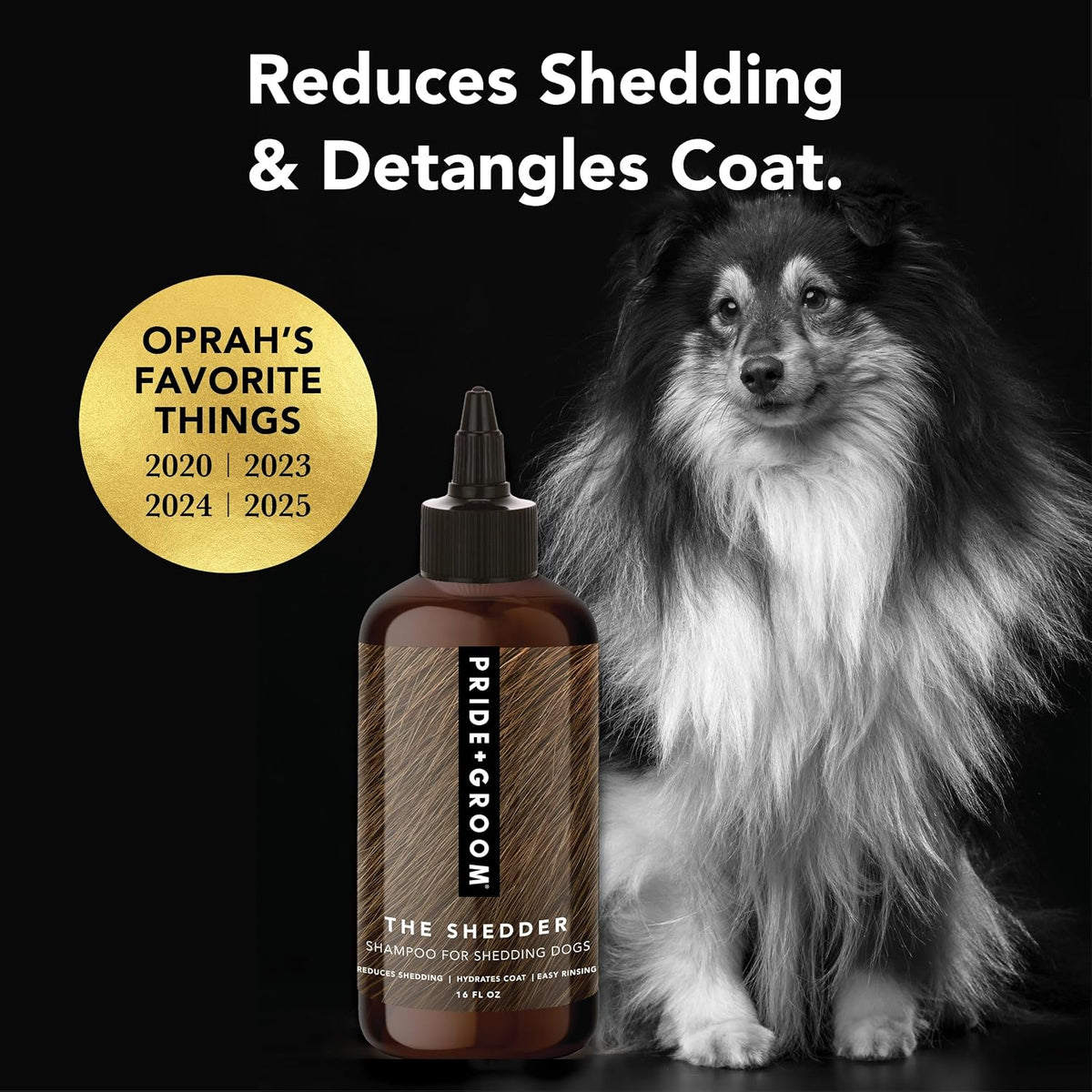 Pride And Groom anti shedding dog shampoo 16 ounce bottle with precision cap.
