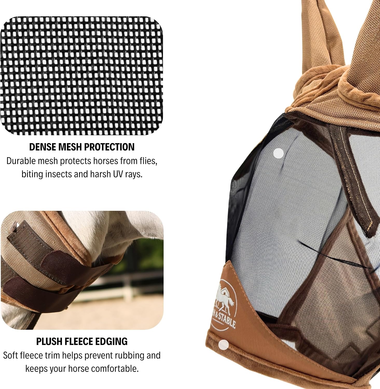 Adjustable touch strap detail on equine fly mask