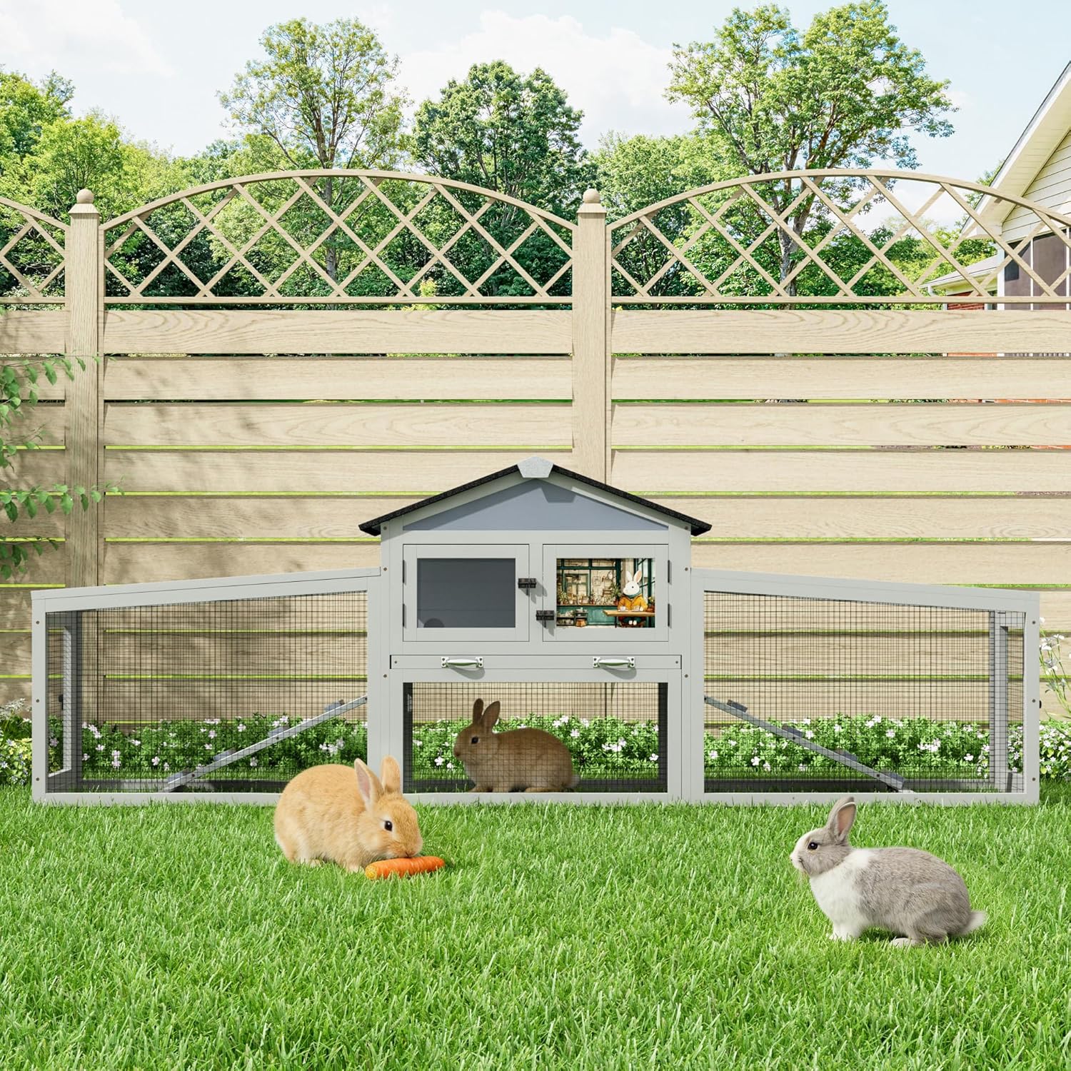 COZIWOW Large 92IN Outdoor Rabbit Hutch with 3 Run Boxes, Weatherproof Bunny Cage with Asphalt Roof & Sunlight Panels, Hands-Free Clean Tray & Metal Wire Mesh, 2-Tier Rest & for 2-3 Rabbits, Grey - Image 1