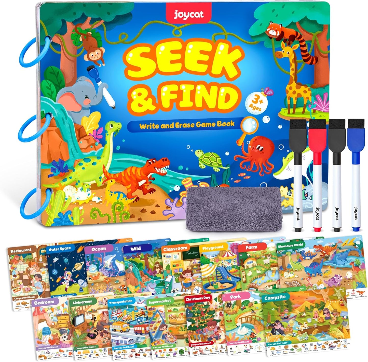 JoyCat Seek And Find Game Books front view showing the reusable preschool learning busy book cover.
