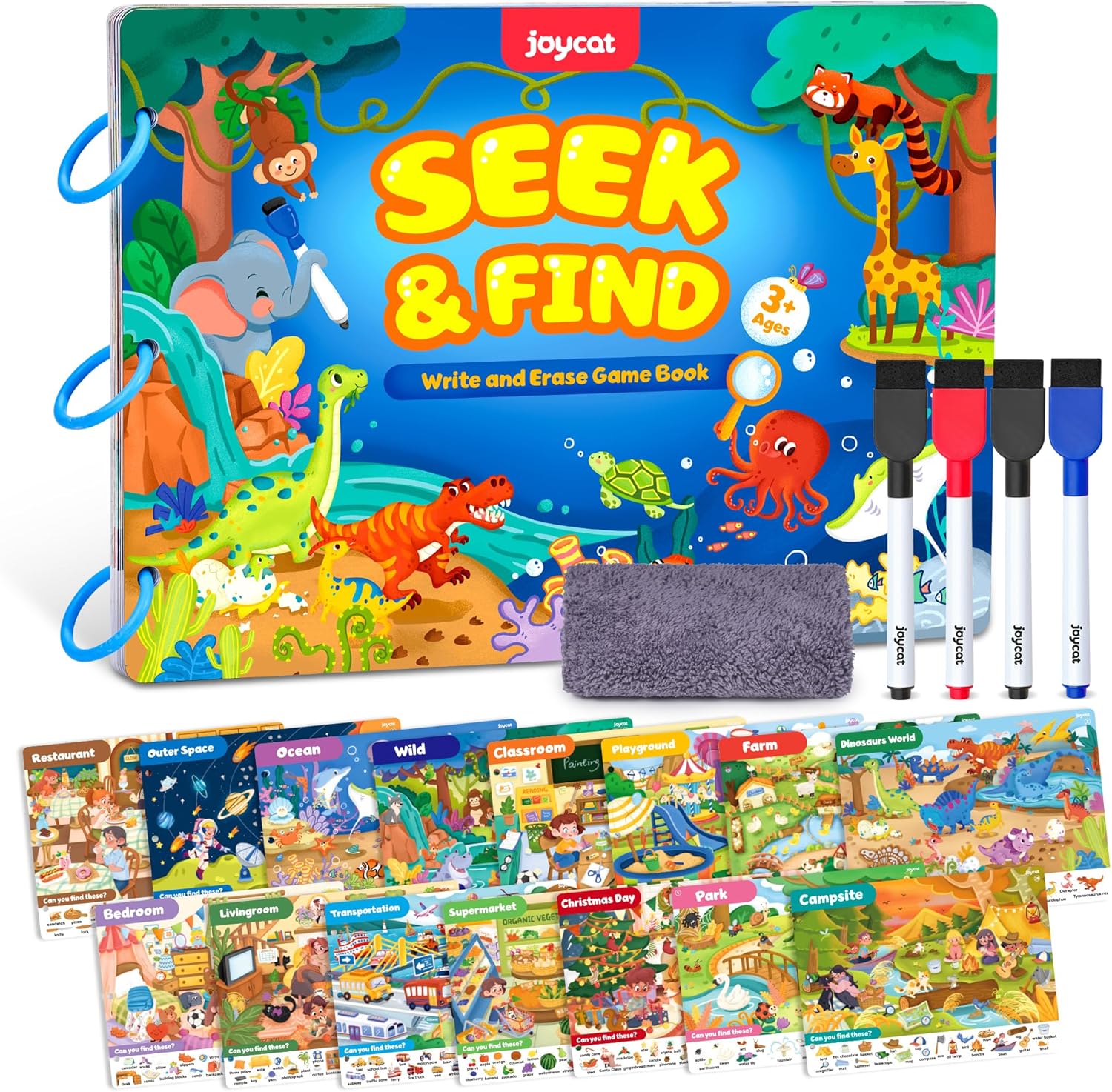 JoyCat Seek And Find Game Books front view showing the reusable preschool learning busy book cover.
