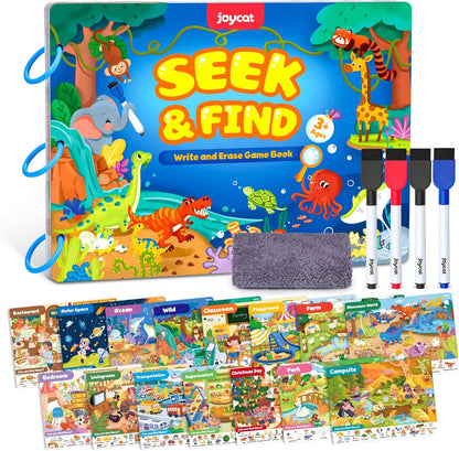 JoyCat Seek And Find Game Books front view showing the reusable preschool learning busy book cover.