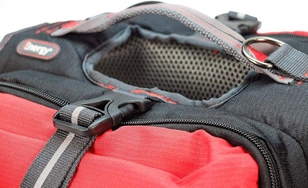Side view of iEnergy saddlebag harness for dogs demonstrating balanced weight distribution