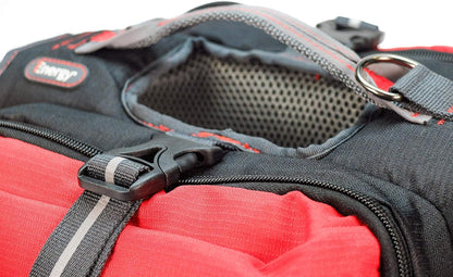 Side view of iEnergy saddlebag harness for dogs demonstrating balanced weight distribution