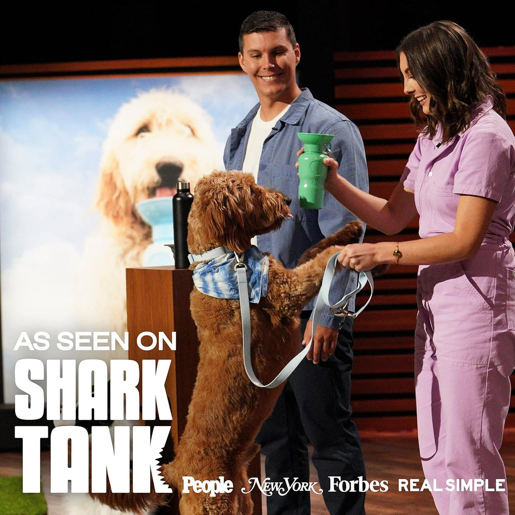 Sky Blue Springer dog travel bottle showing the patented leak proof shut off valve mechanism