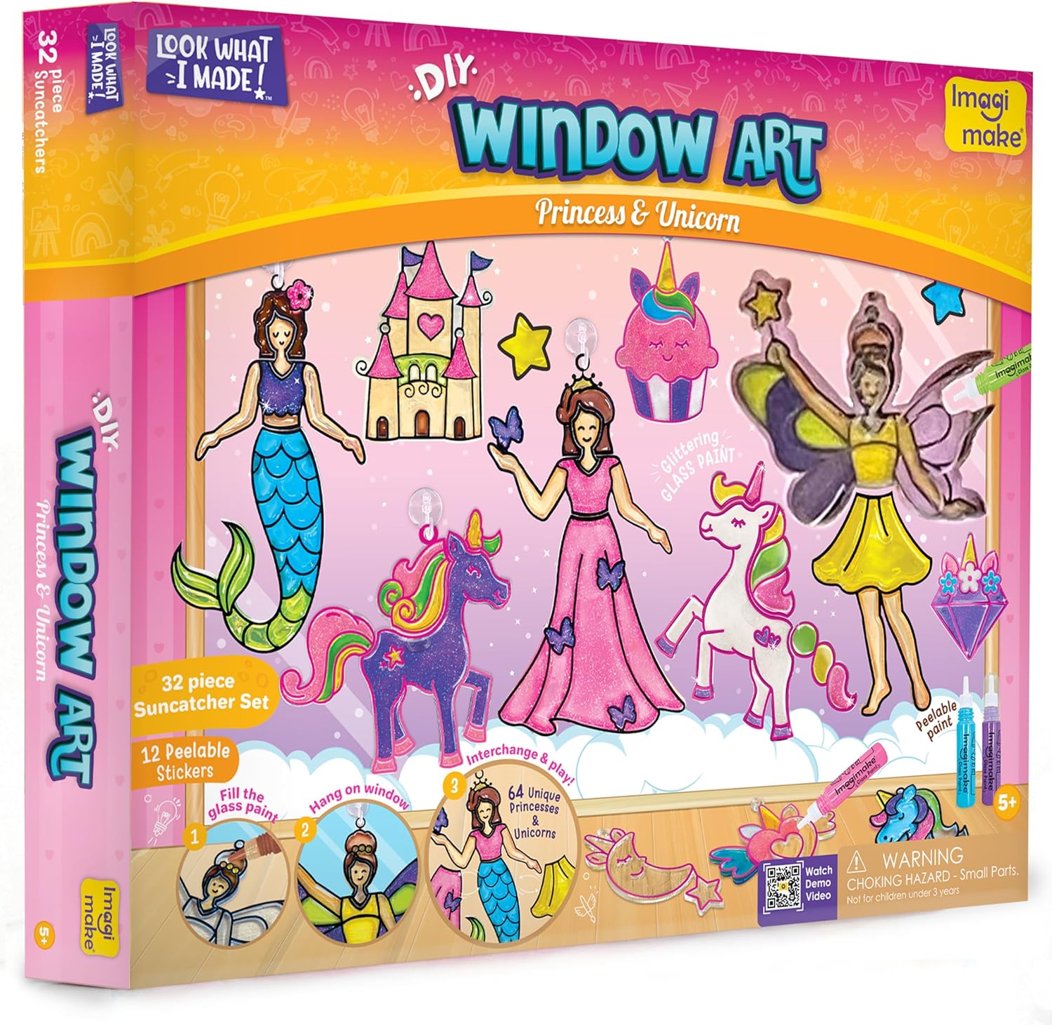 Imagimake Window Art Princess and Unicorn kit box front view showcasing vibrant glass painting suncatcher craft designs.