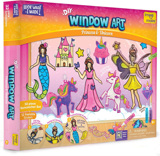 Imagimake Window Art Princess and Unicorn kit box front view showcasing vibrant glass painting suncatcher craft designs.