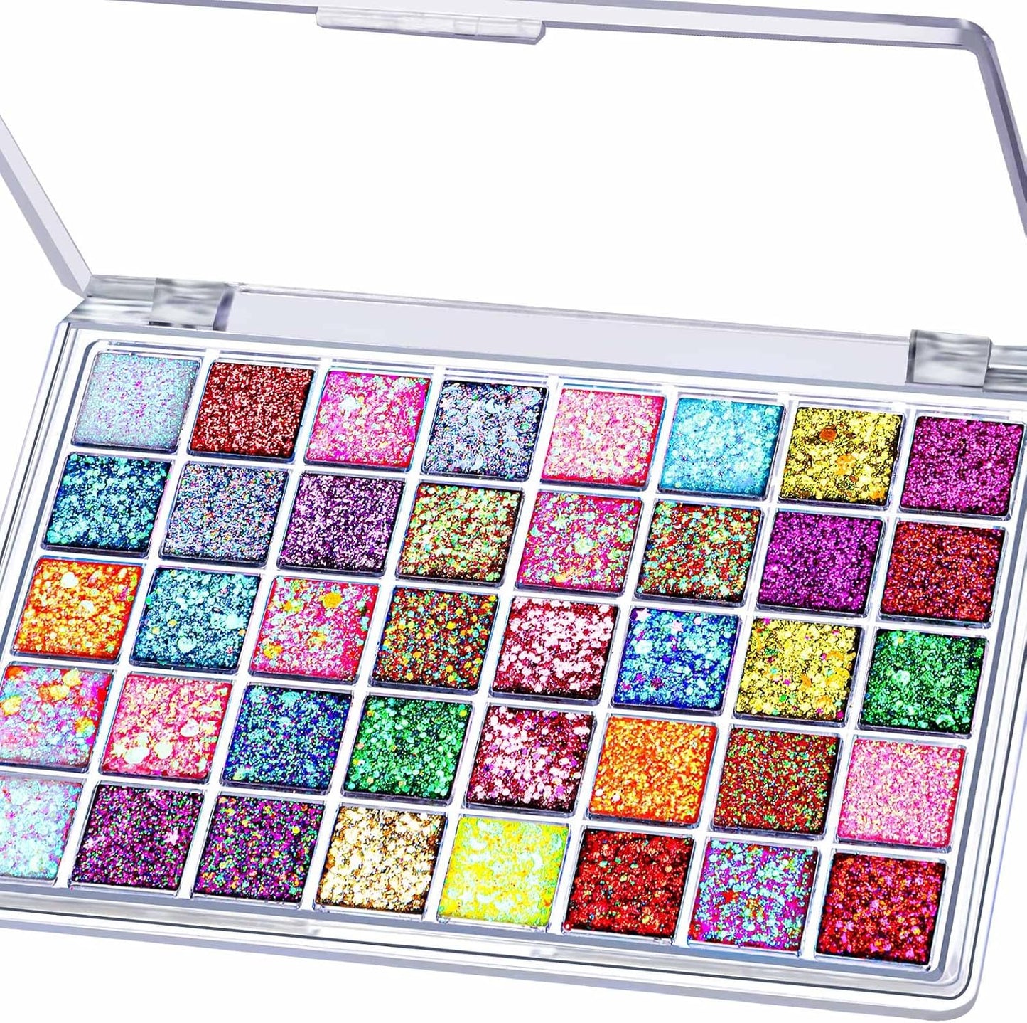 Fandamei 40 Colors Face Glitter Gel Palette front view showing forty vibrant individual shades under a clear lid.