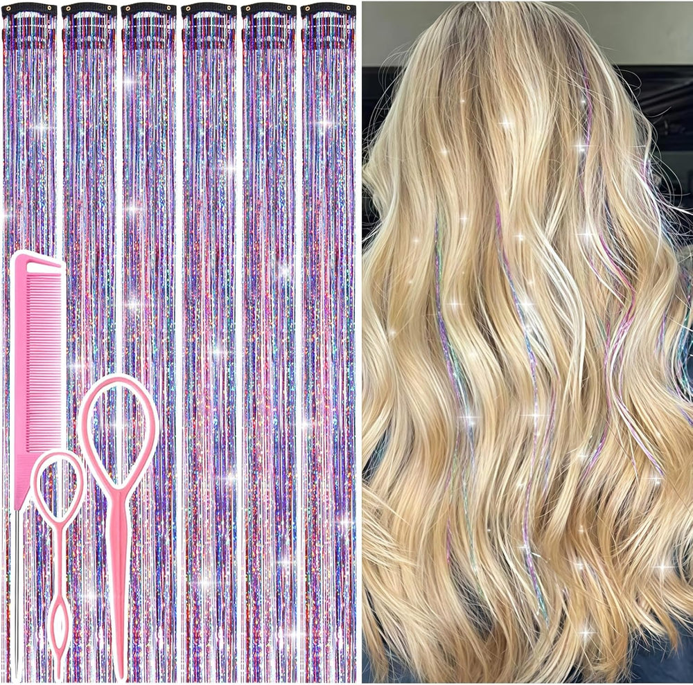Umylar Hair Tinsel Clip In Dreamy Colorful Kit front packaging view showcasing twelve pieces of shimmering glitter extensions.