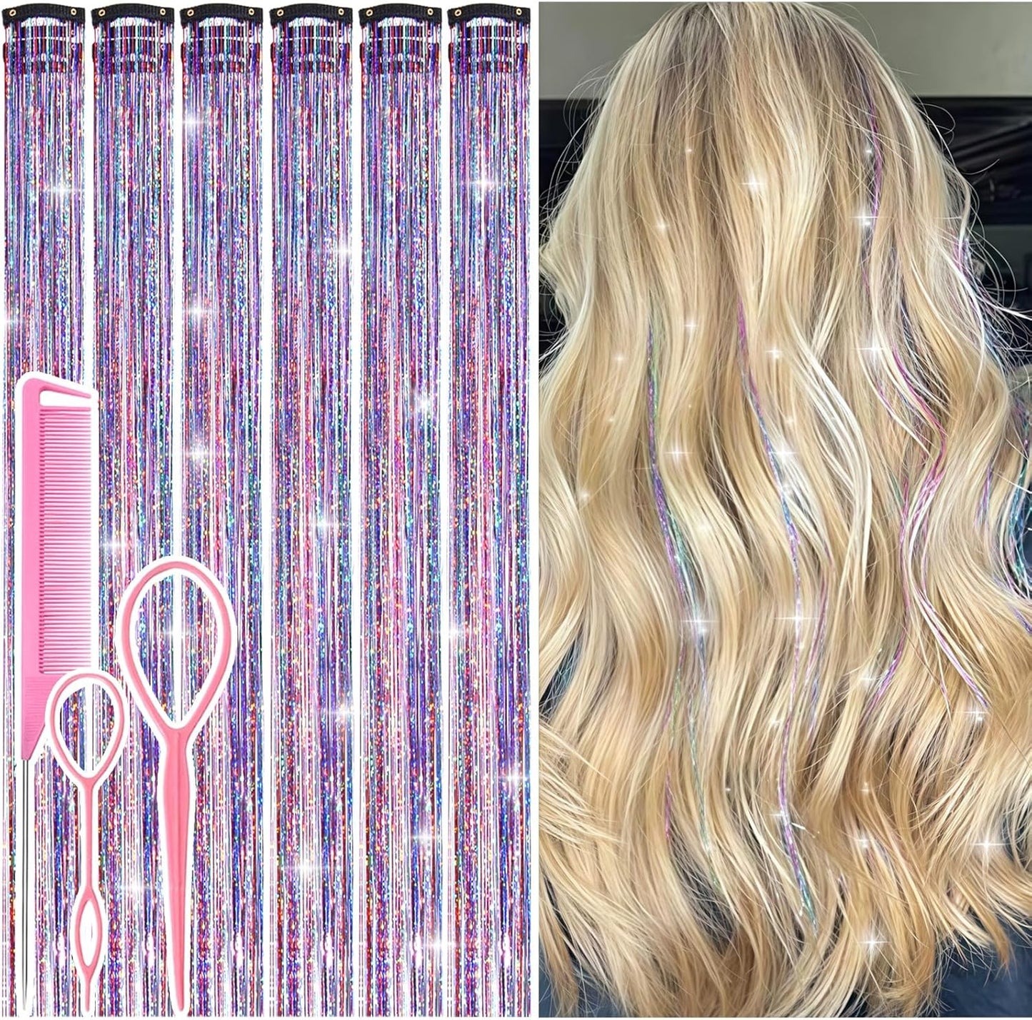 Umylar Hair Tinsel Clip In Dreamy Colorful Kit front packaging view showcasing twelve pieces of shimmering glitter extensions.