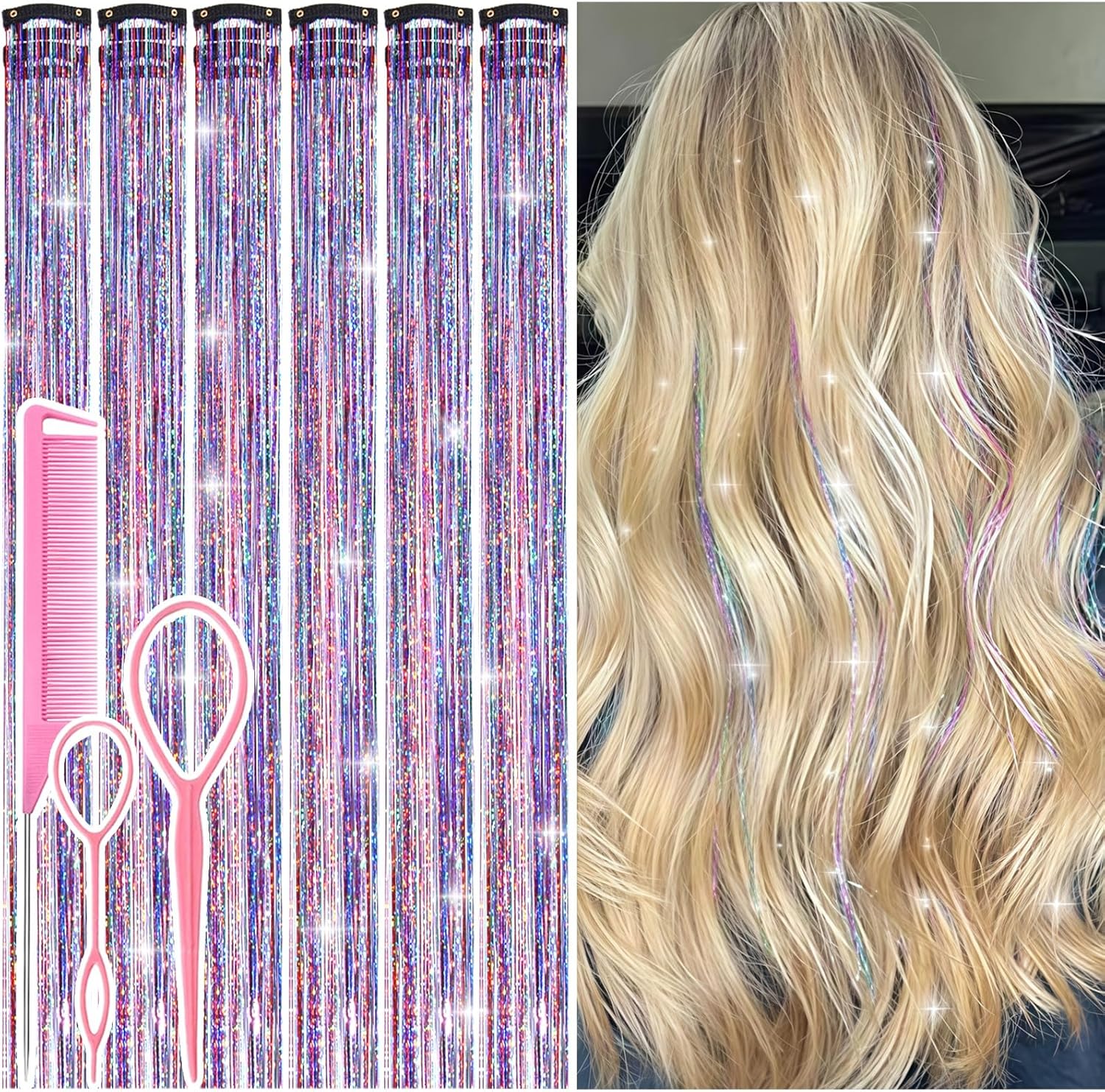 Umylar Hair Tinsel Clip In Dreamy Colorful Kit front packaging view showcasing twelve pieces of shimmering glitter extensions.