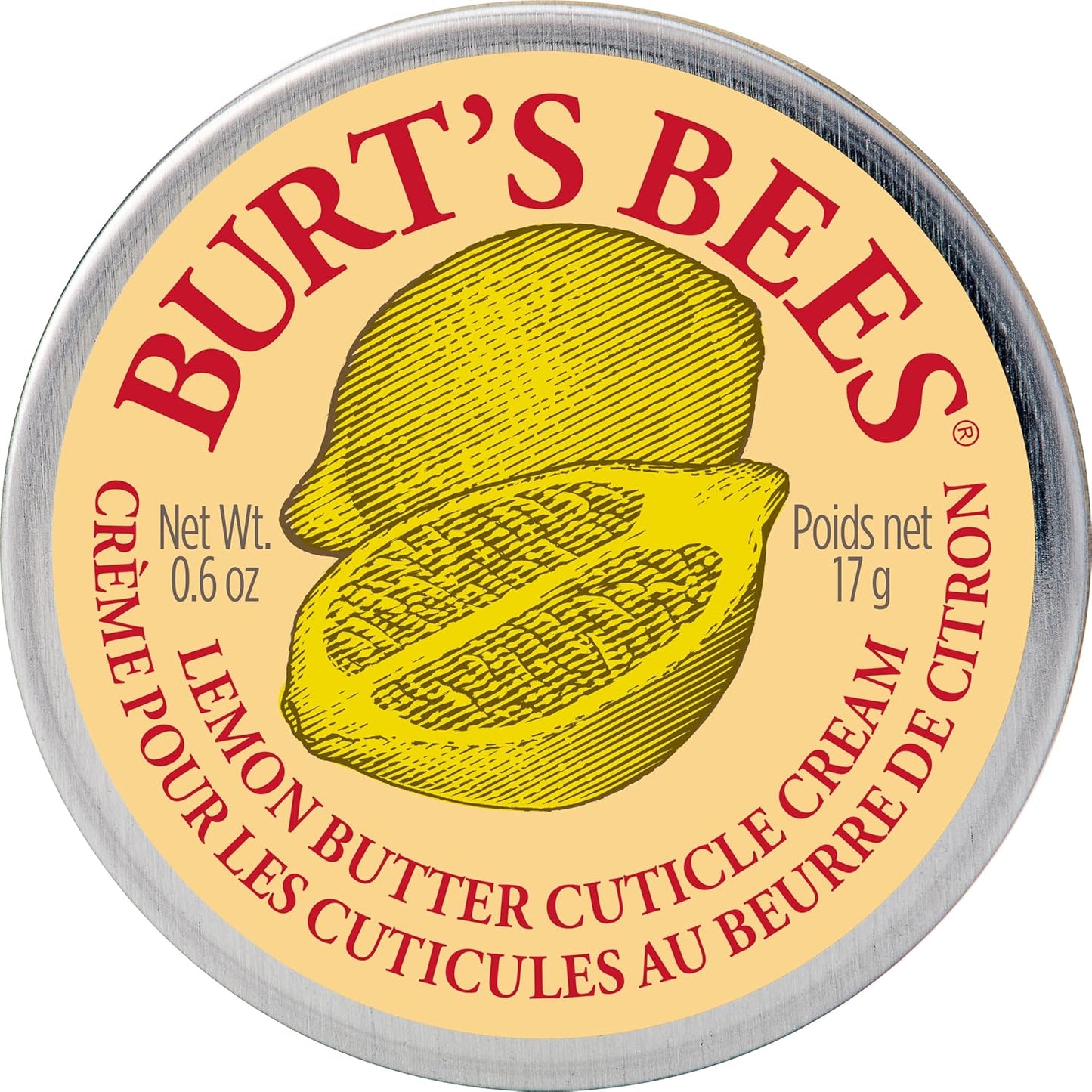 Burt's Bees Lemon Butter Cuticle Cream front view of the circular yellow tin showcasing the classic natural packaging.