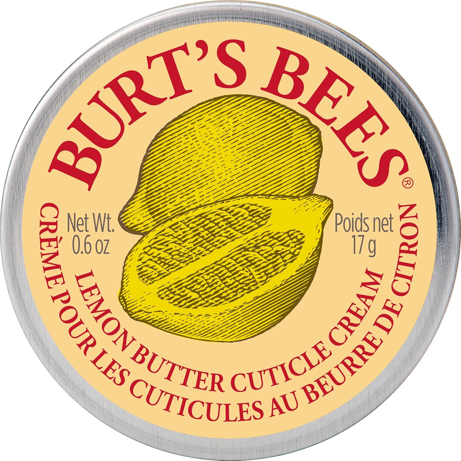 Burt's Bees Lemon Butter Cuticle Cream front view of the circular yellow tin showcasing the classic natural packaging.