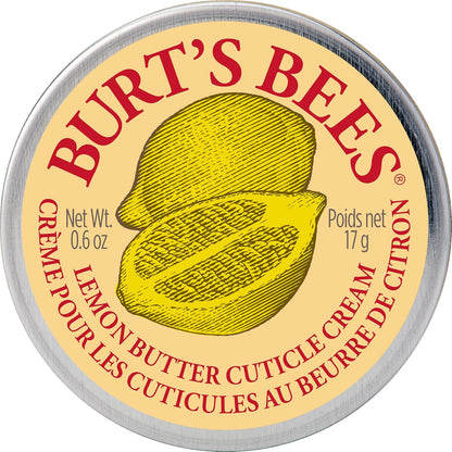 Burt's Bees Lemon Butter Cuticle Cream front view of the circular yellow tin showcasing the classic natural packaging.