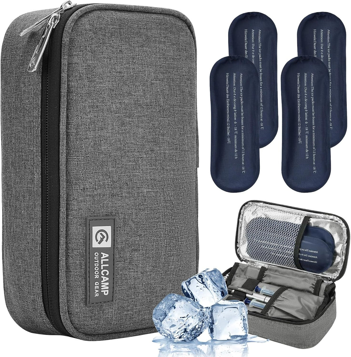 ALLCAMP Insulin Cooler Travel Case front view showcasing the durable gray Oxford fabric and premium dual zipper closure for diabetic medication security.