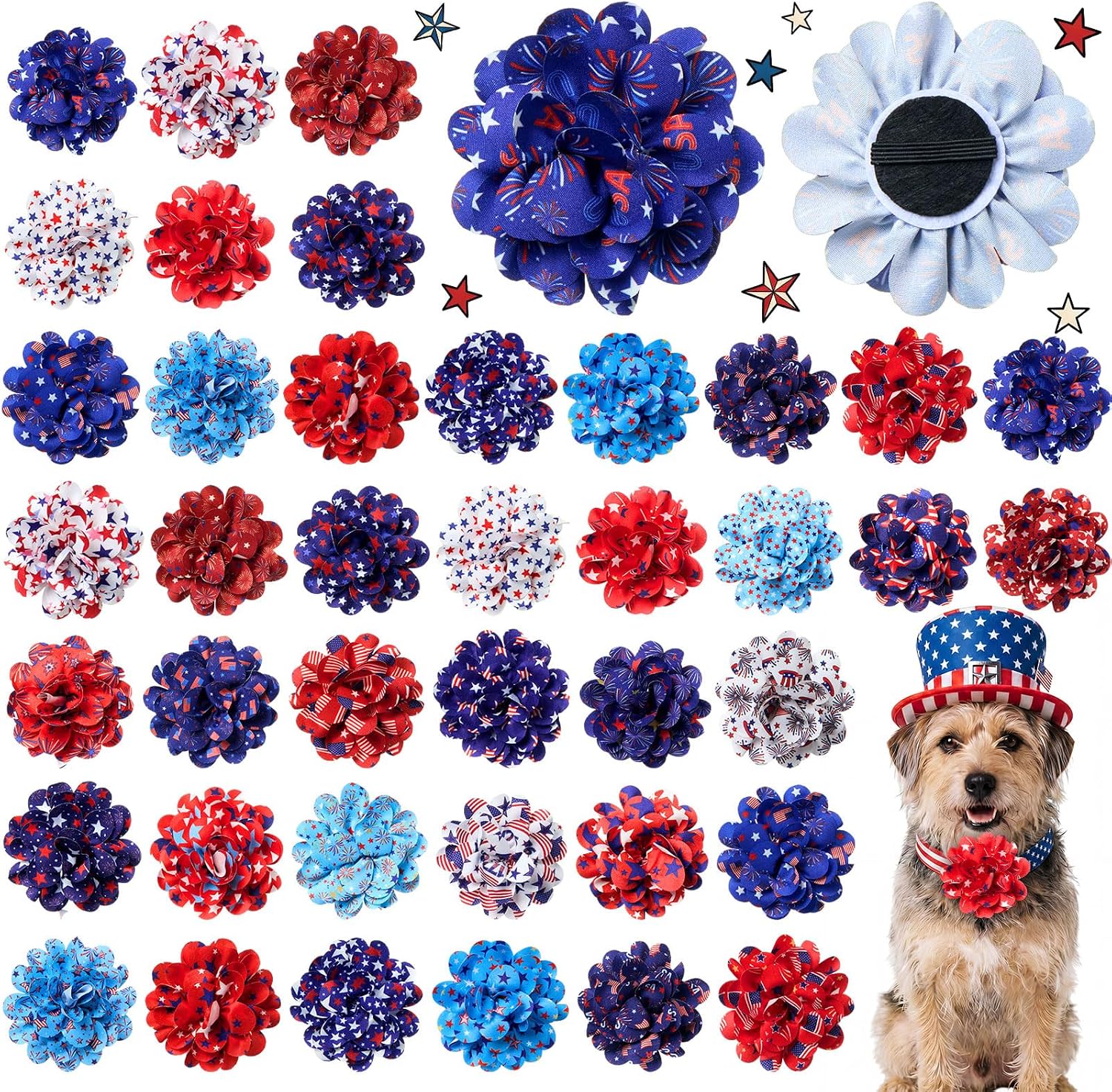 Dansydaisy patriotic dog collar flowers bulk pack front view showcasing red white and blue star designs