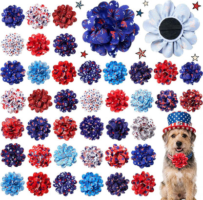 Dansydaisy patriotic dog collar flowers bulk pack front view showcasing red white and blue star designs