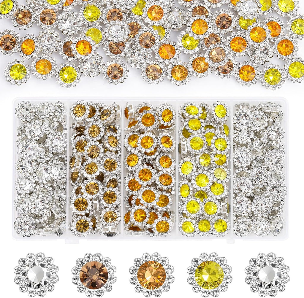 Qpretty Du 12mm flower sew on rhinestones front view packaging and crystals