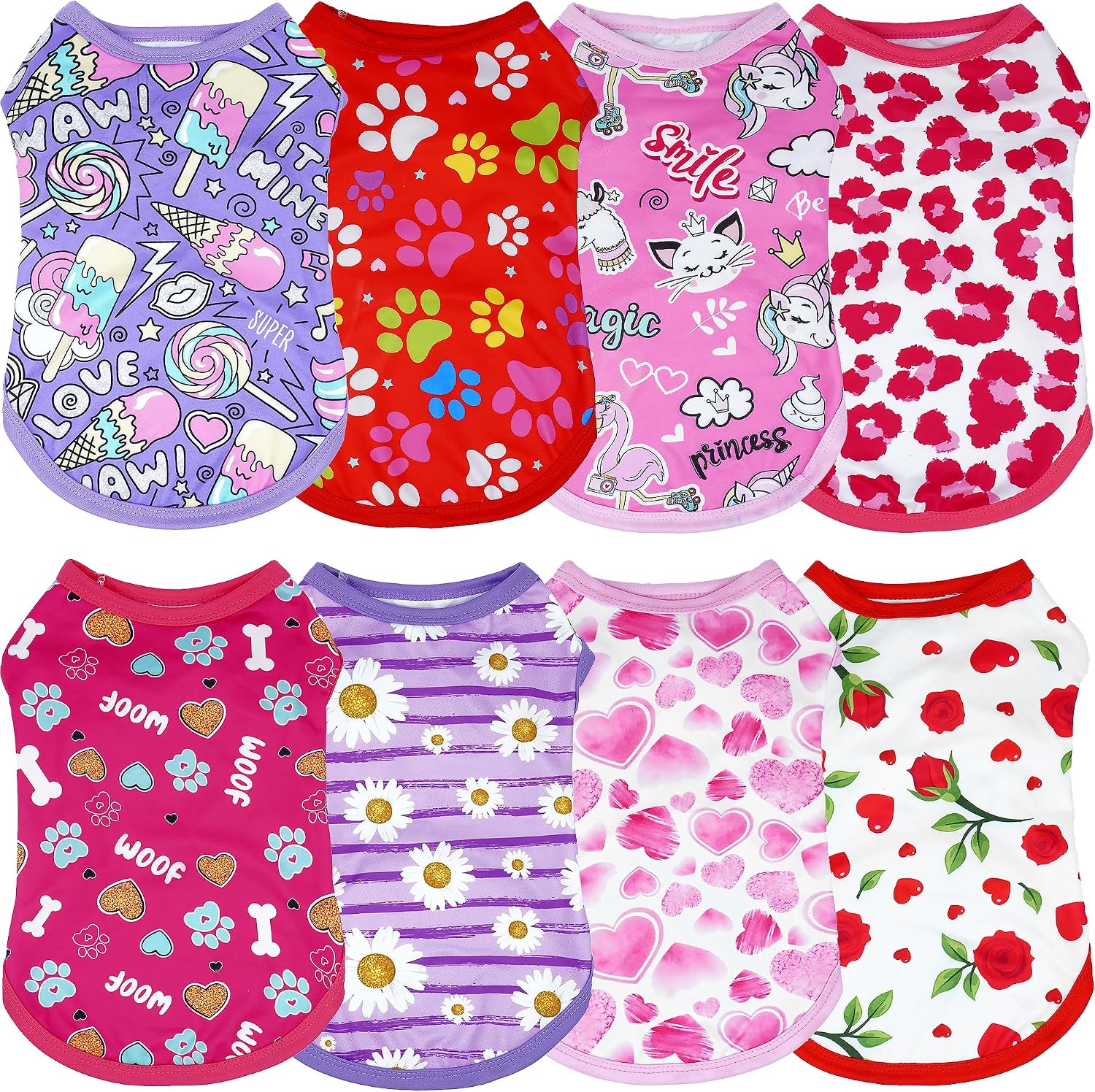 JpGdn 8-piece pink dog shirt pack front view for female pets