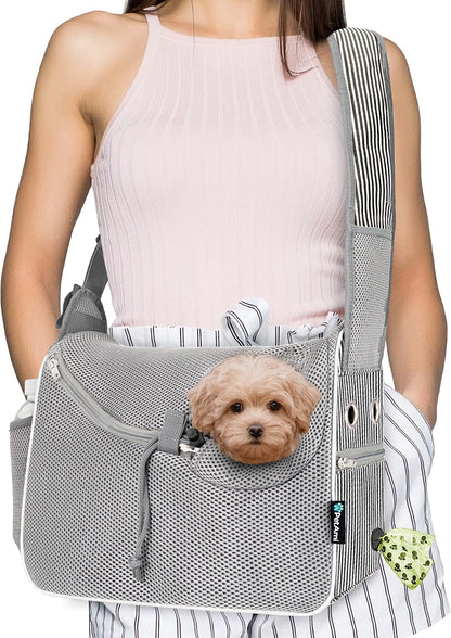 PetAmi Dog Sling Carrier for Small Dogs Under 10 lbs, Hands Free Crossbody Puppy Cat Carrier for Travel with Breathable Mesh, Padded Strap, Removable Sherpa Bed, Pockets & Poop Bag Dispenser, Pink - Image 9