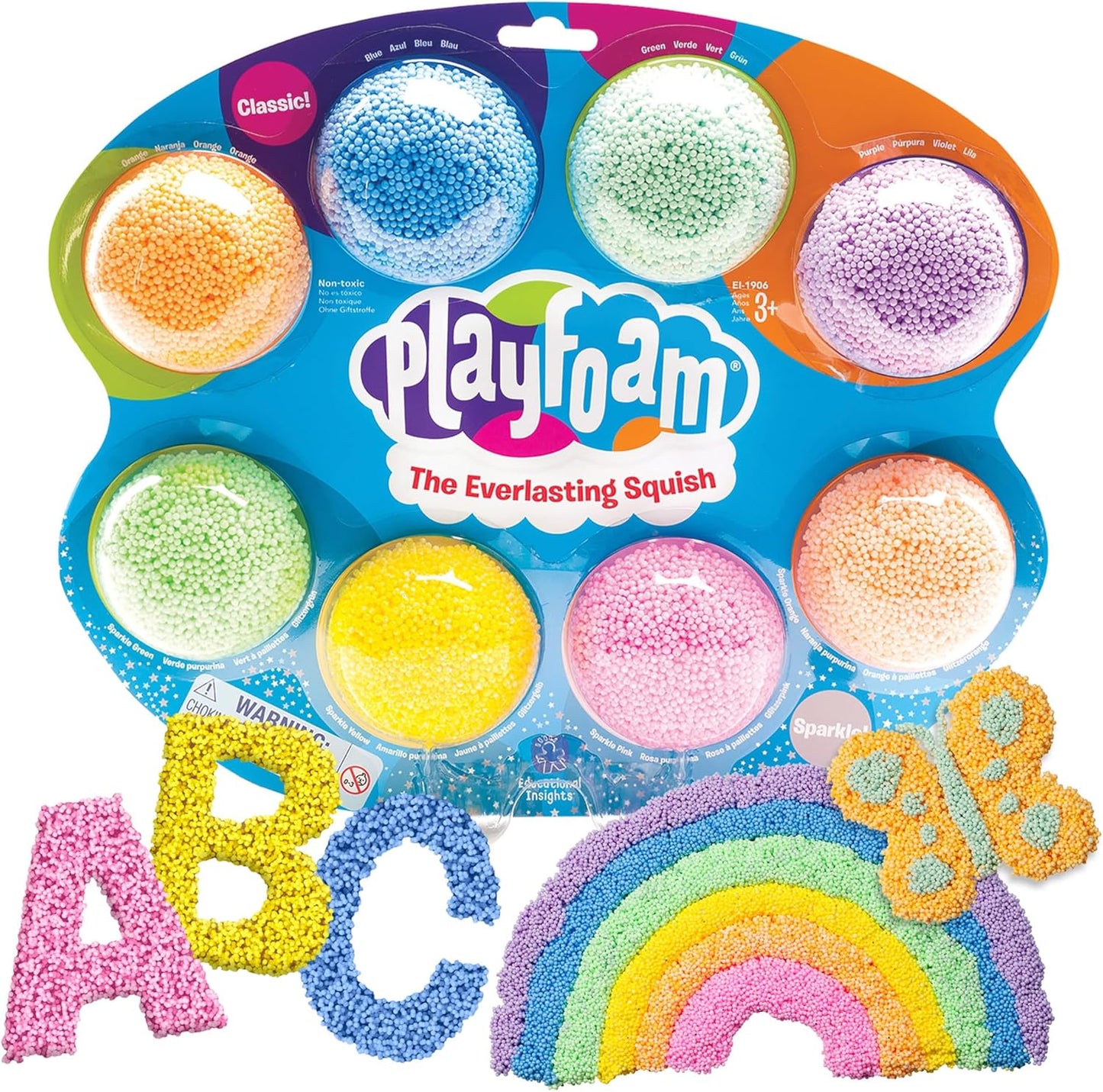 Educational Insights Playfoam Combo Eight Pack front view packaging showcasing classic and sparkle sensory foam pods.