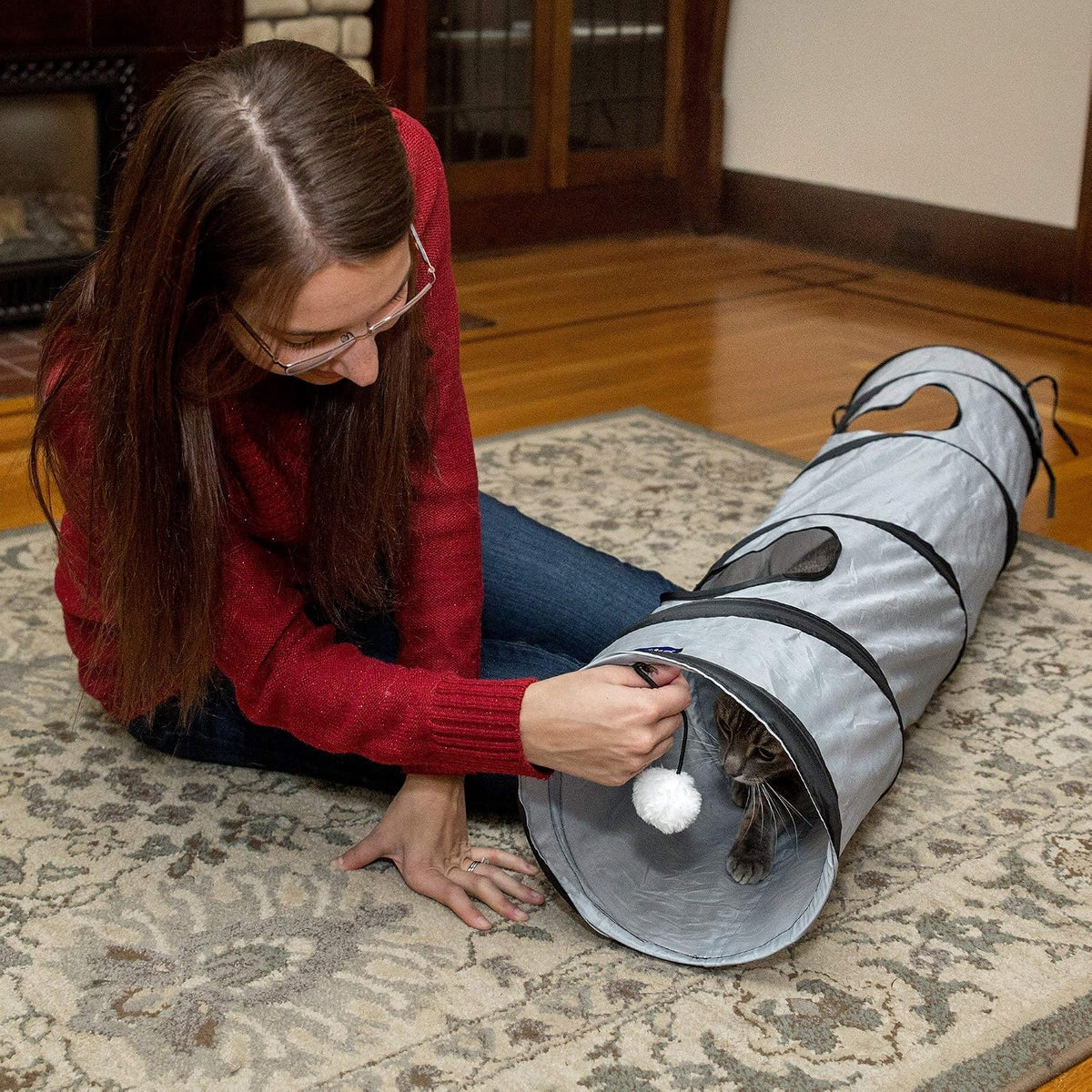 Grey pop up cat play tube with peek holes