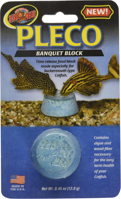 Zoo Med Pleco Banquet Block package back view with usage instructions for aquarium fish feeding