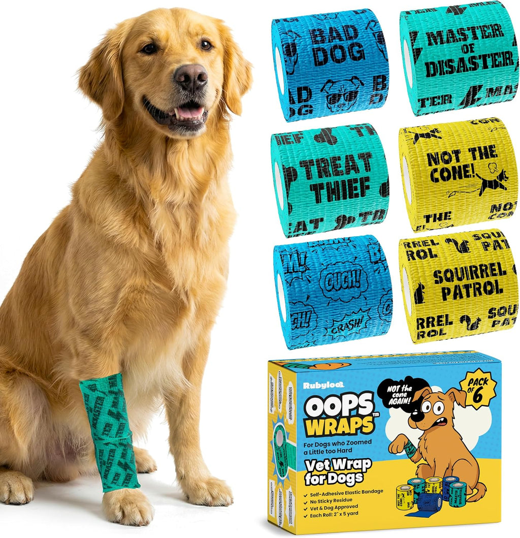 Rubyloo Oops Wraps packaging with six rolls of funny pet wound care bandages