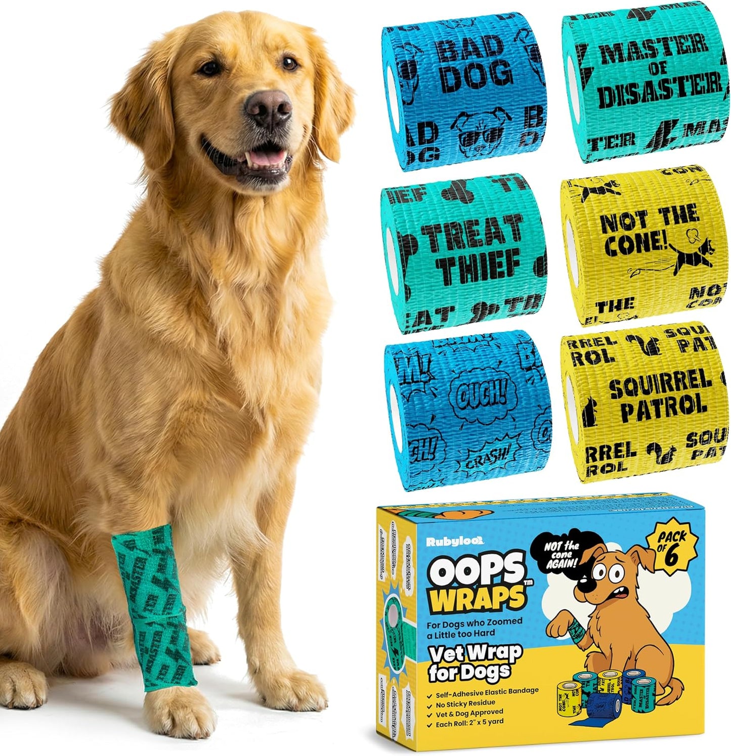 Rubyloo Oops Wraps packaging with six rolls of funny pet wound care bandages