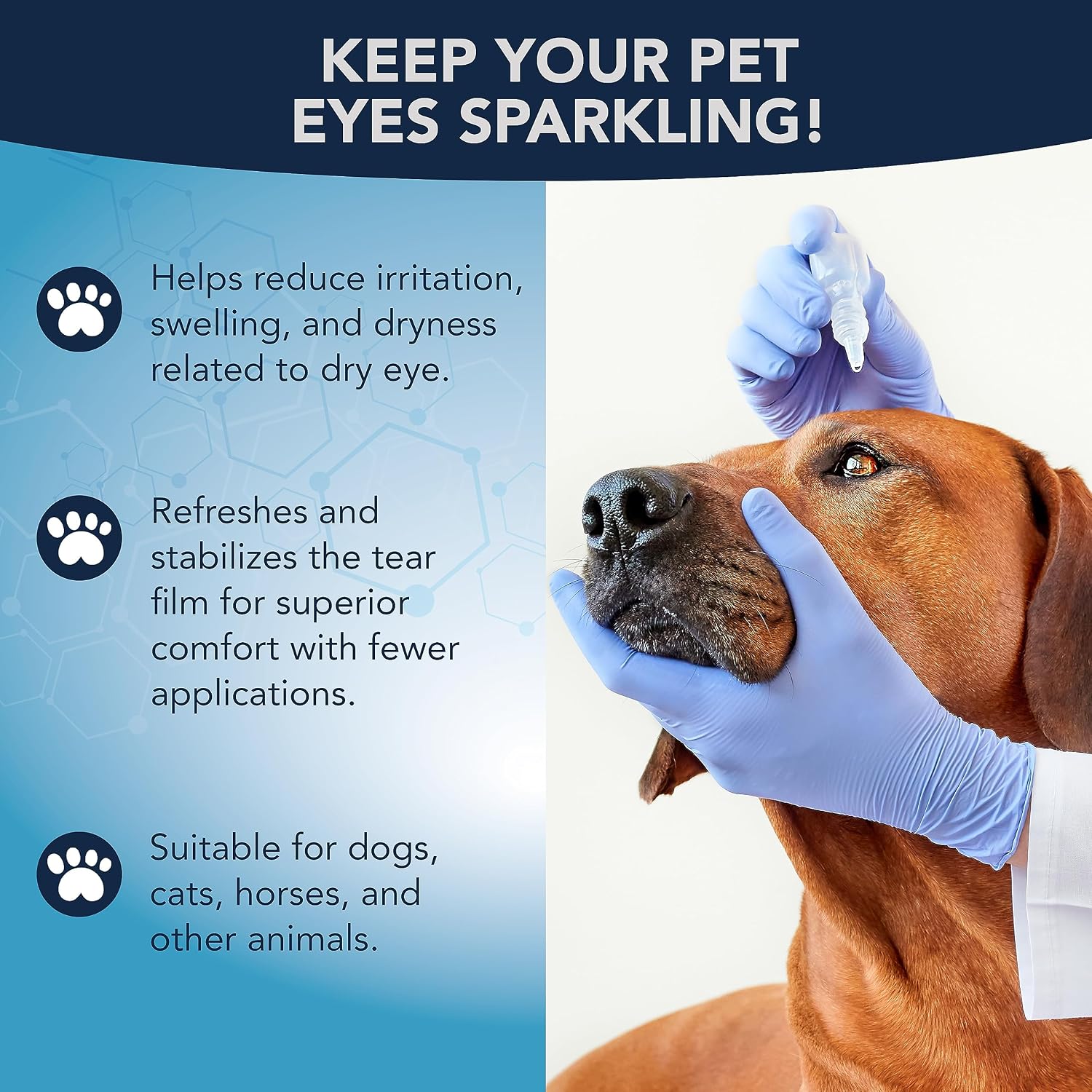 Close-up of the dropper tip on the NOVEHA pet gel eye solution bottle.