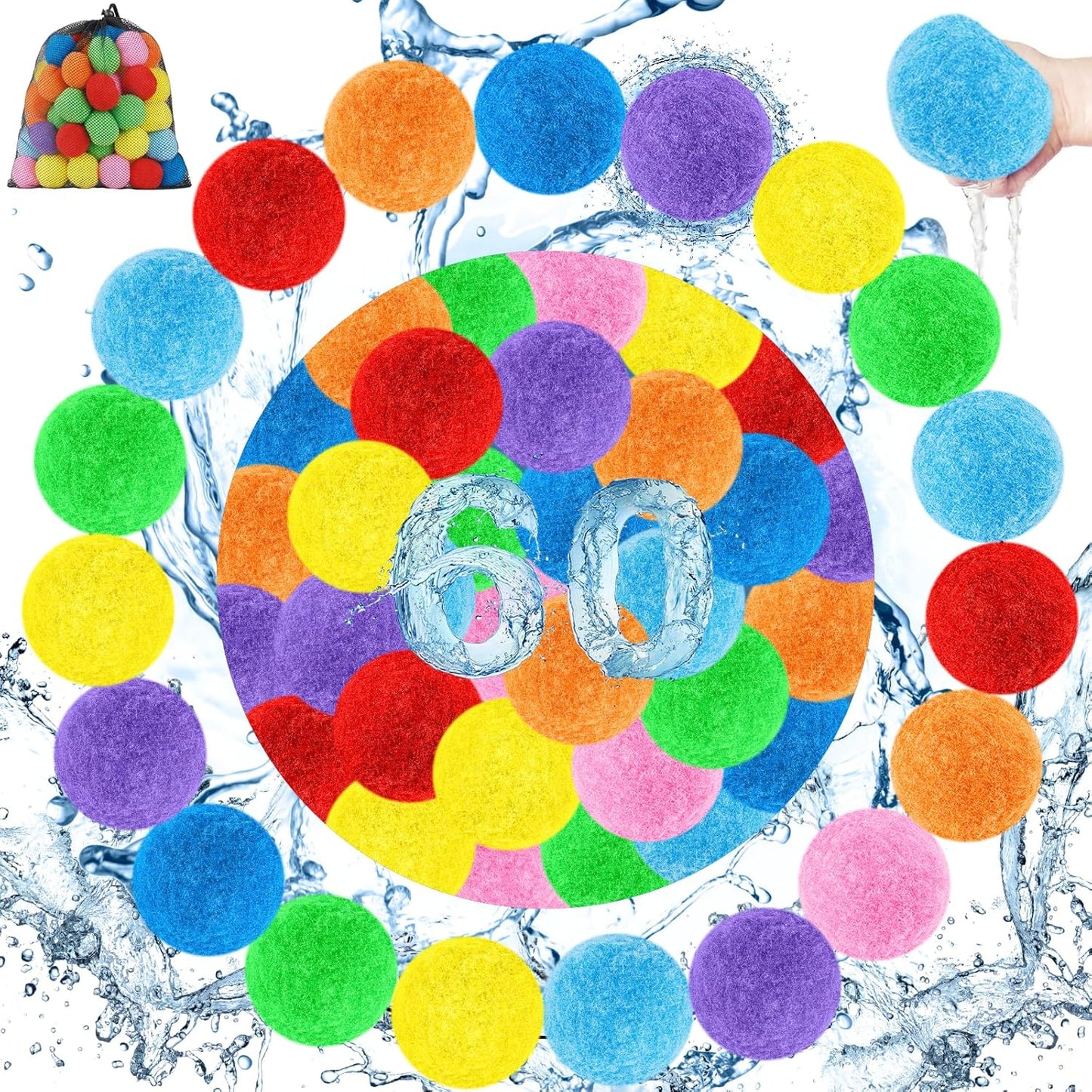 Mebios reusable water balloons 60 pack front view showcasing bright assorted colors in a mesh bag for summer pool games.