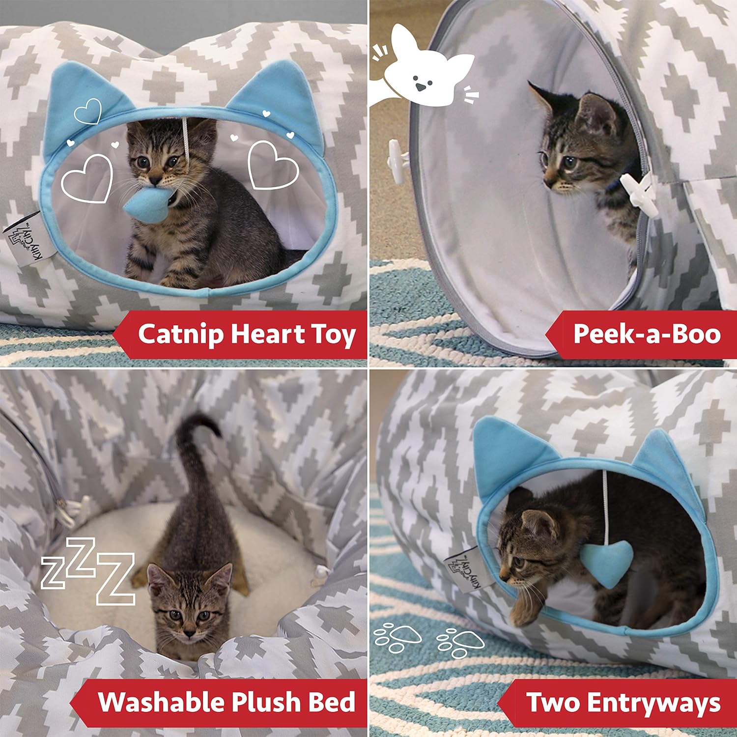 Kitty City 2 in 1 zip together cat play tunnel and plush nap bed with cats playing inside.