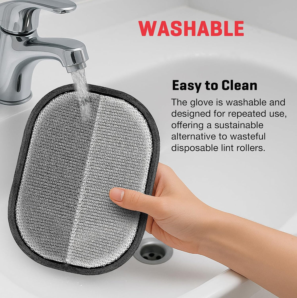 Washable pet hair removal glove being rinsed clean under running water