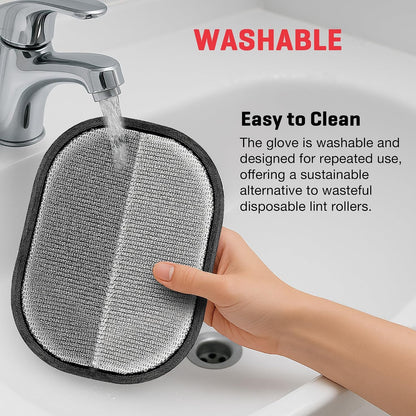Washable pet hair removal glove being rinsed clean under running water