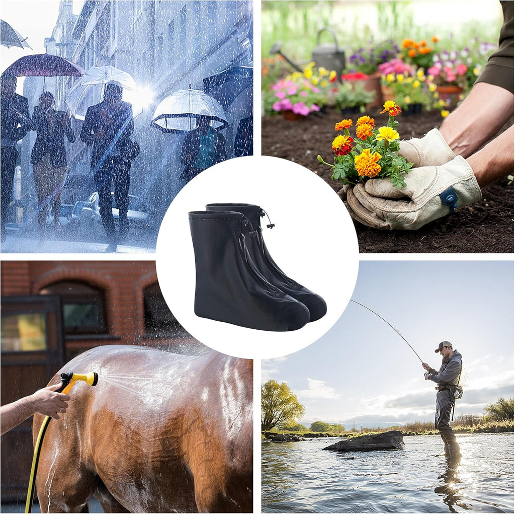 Compact folded waterproof shoe covers ready to pack into a travel bag.