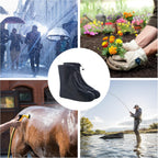 Compact folded waterproof shoe covers ready to pack into a travel bag.