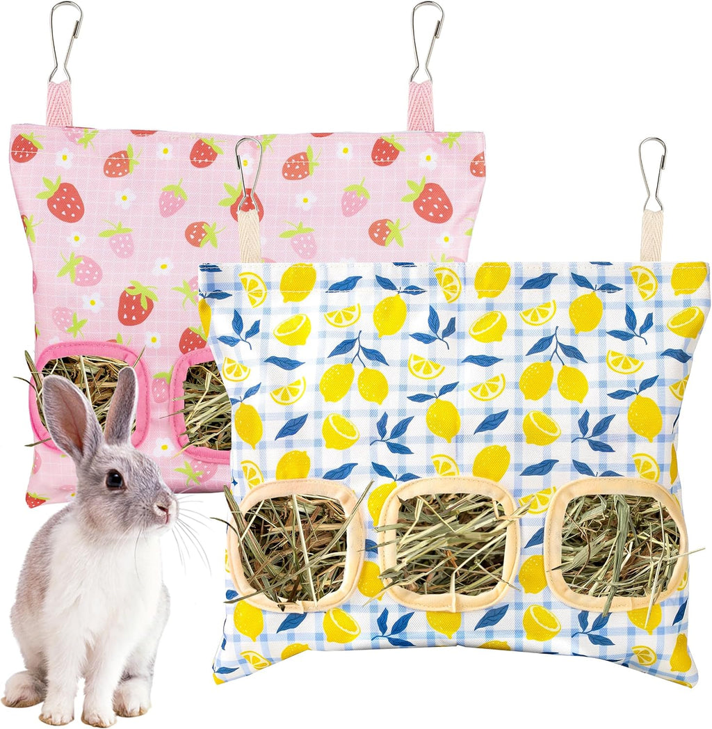 Lesnala 2pcs Bunny hay feeder Rabbit hay feeder bag Hanging guinea pig hay bag Large capacity cotton canvas fabric hay bag for Rabbits Bunny Chinchillas Hamsters and Other Small Pets(3 Holes,2 styles) - Image 1