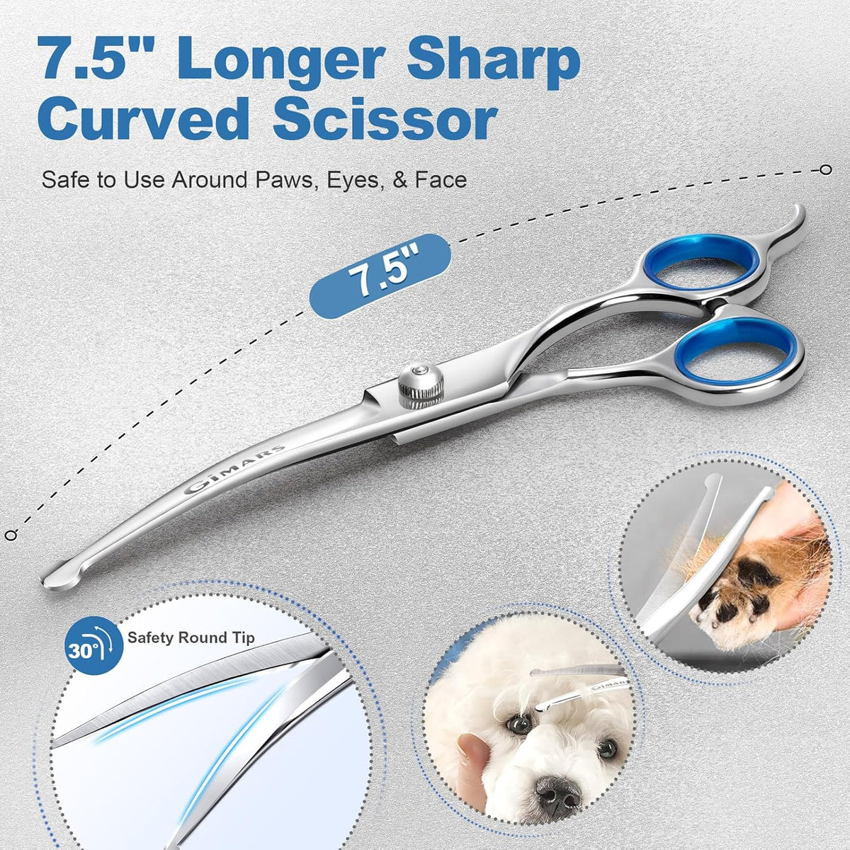 Close up of titanium coated 4CR stainless steel pet shears showing the blunt safety round tips