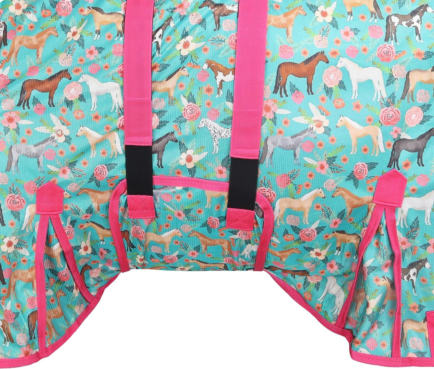 Showman protective equine gear detailing the triple quick-grip closures on the attached neck cover.