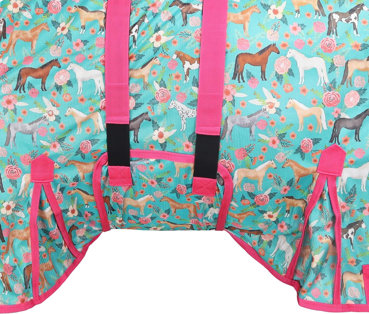 Showman protective equine gear detailing the triple quick-grip closures on the attached neck cover.