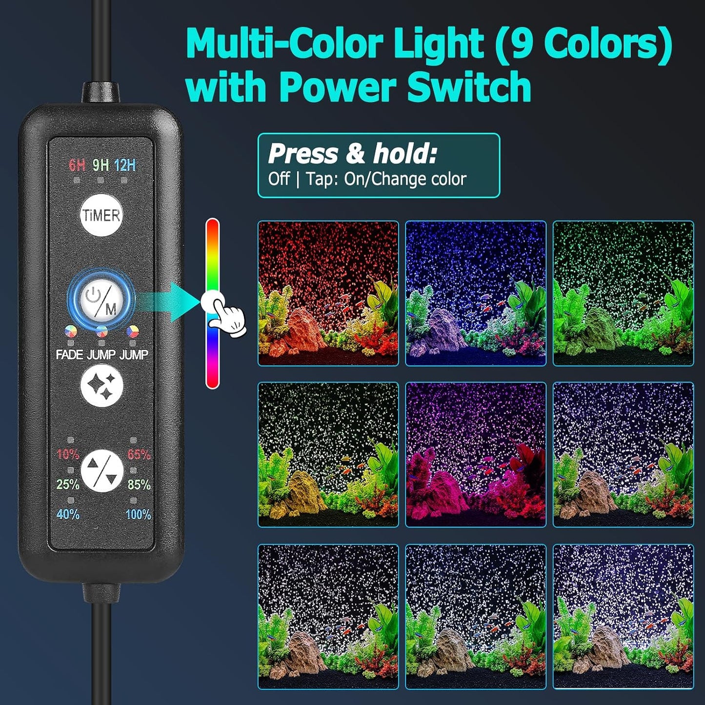 Close-up view of the Fishkeeper multi-function inline controller highlighting the timer, color, and brightness buttons.
