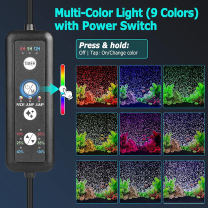 Close-up view of the Fishkeeper multi-function inline controller highlighting the timer, color, and brightness buttons.