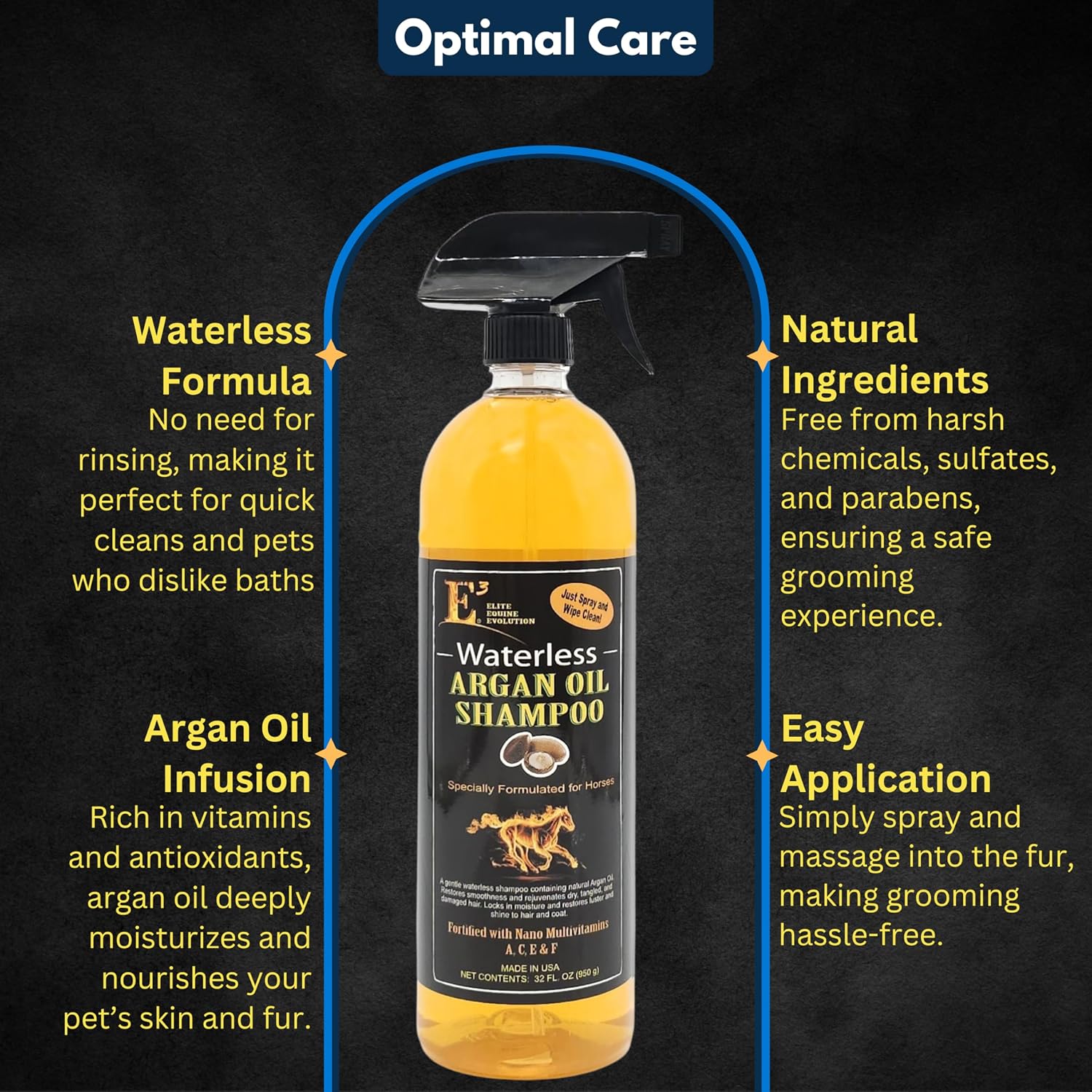 Close up of E3 waterless horse shampoo label details