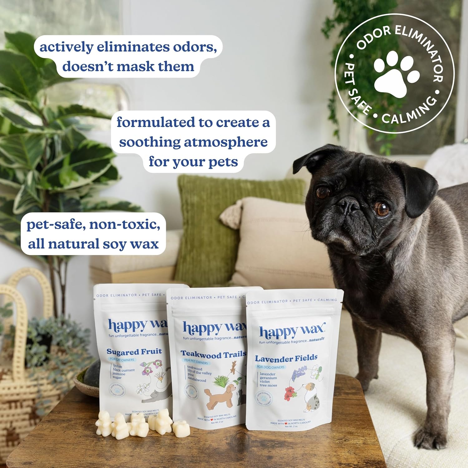 Three pouches of Happy Wax soy wax melts variety pack