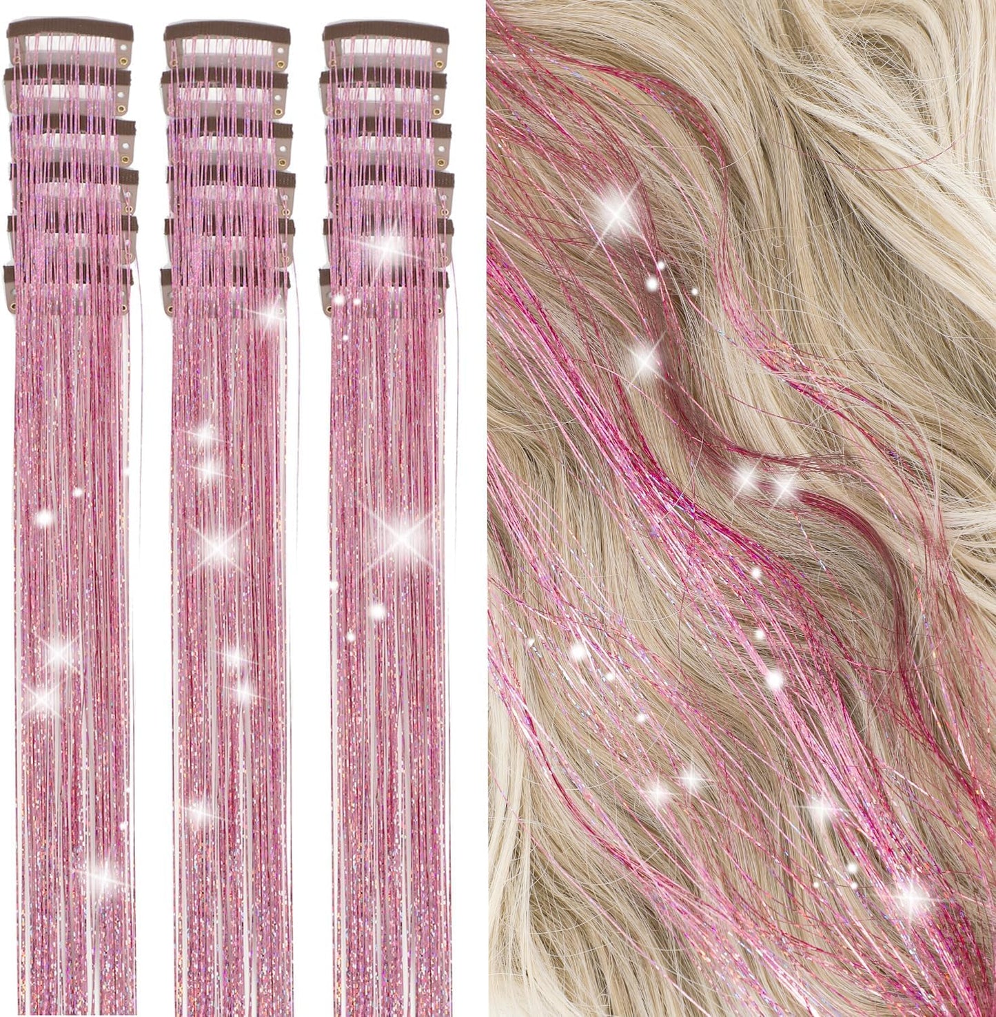 ZYXQZYX pink hair tinsel kit front view showing eighteen pieces of glitter extensions
