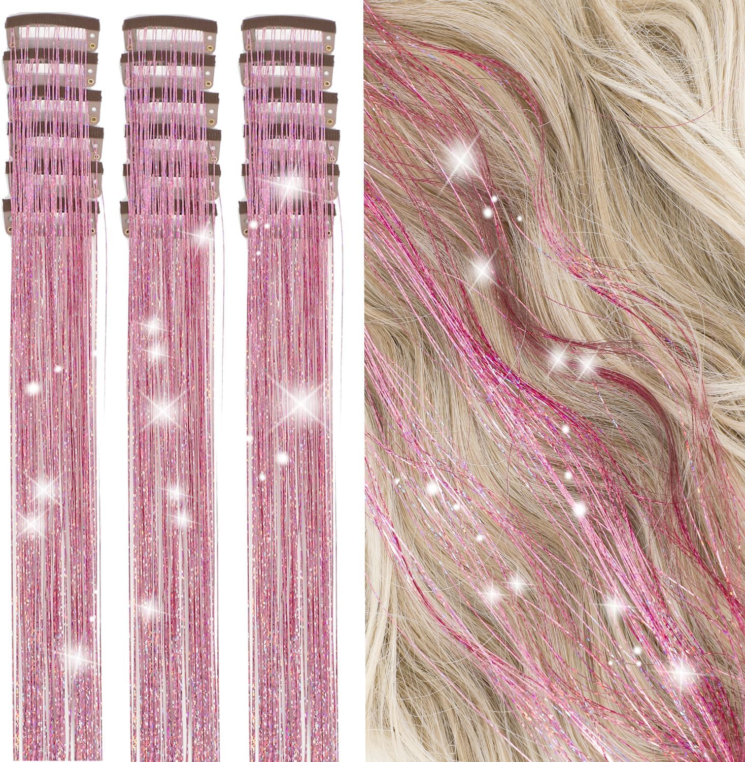 ZYXQZYX pink hair tinsel kit front view showing eighteen pieces of glitter extensions