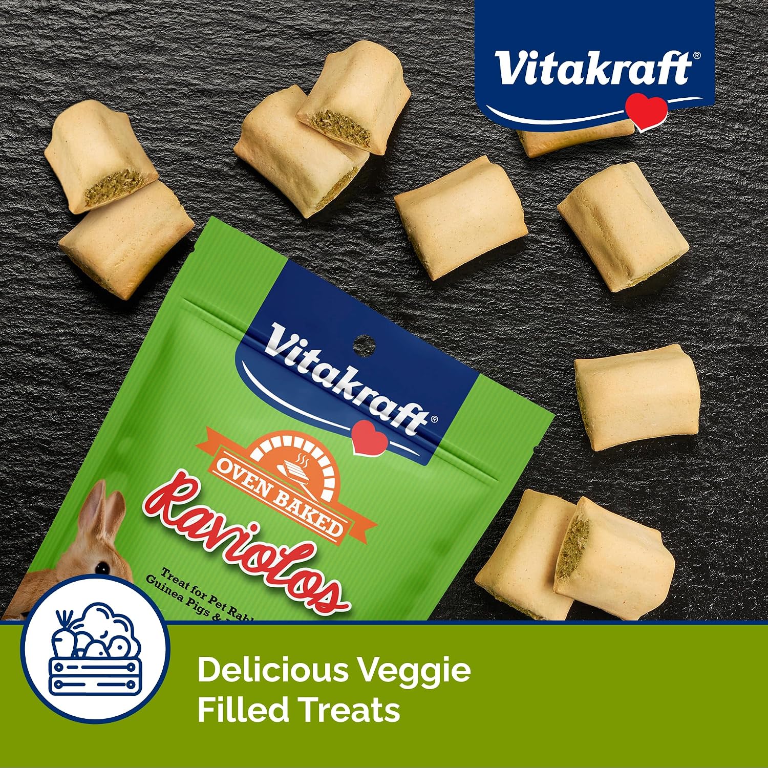 Oven baked small pet treats with real vegetable filling ingredient highlights.