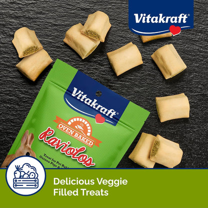 Oven baked small pet treats with real vegetable filling ingredient highlights.
