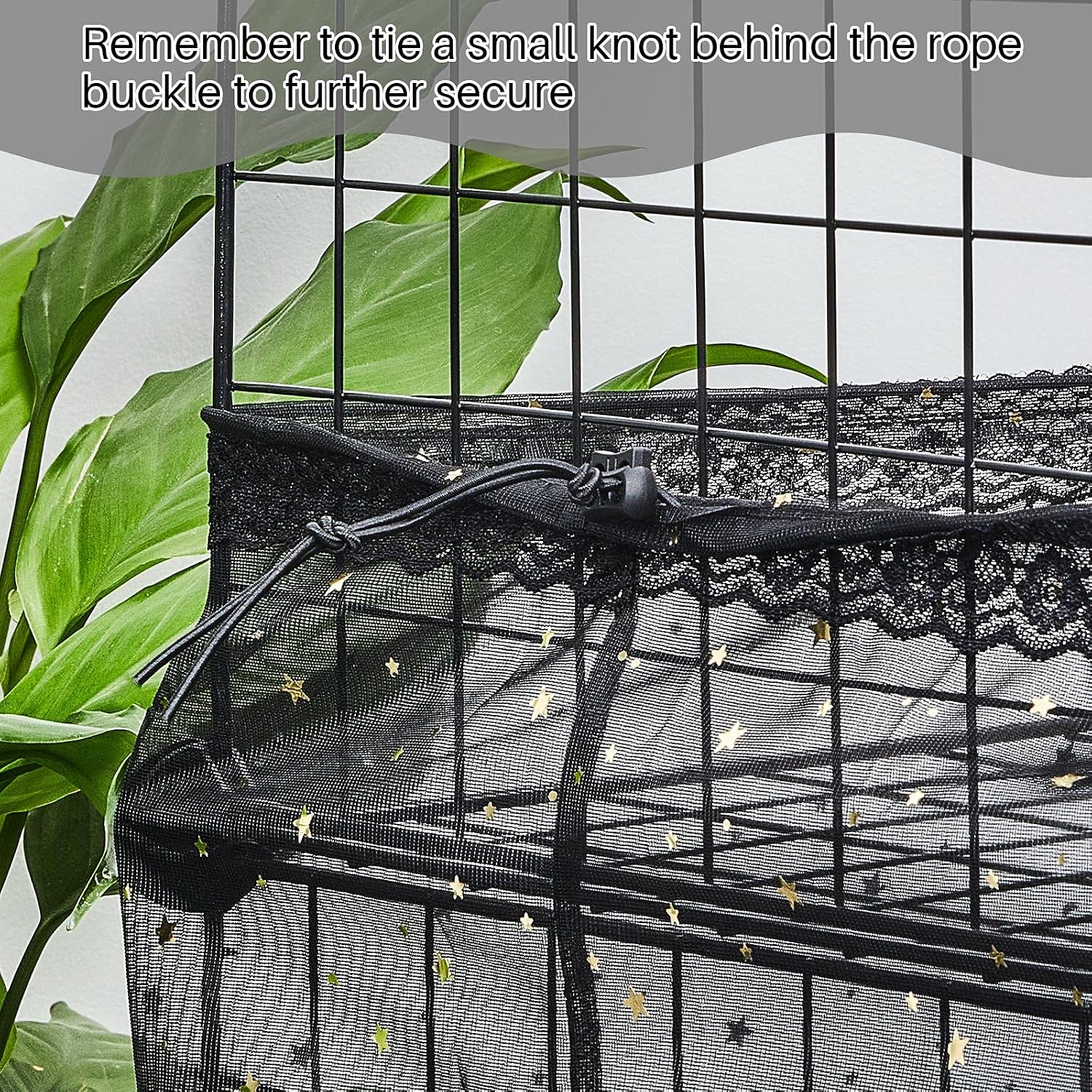 Shappy star and moon pattern bird cage cover highlighting decorative lace trim detailing.