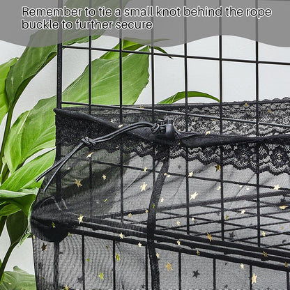 Shappy star and moon pattern bird cage cover highlighting decorative lace trim detailing.